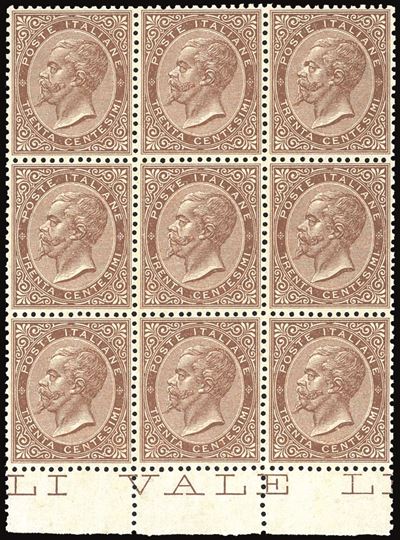 Regno D'italia 1866 - 30 Cent. De la Rue, Tiratura di Torino (t19) Blocco di Nove Esemplari