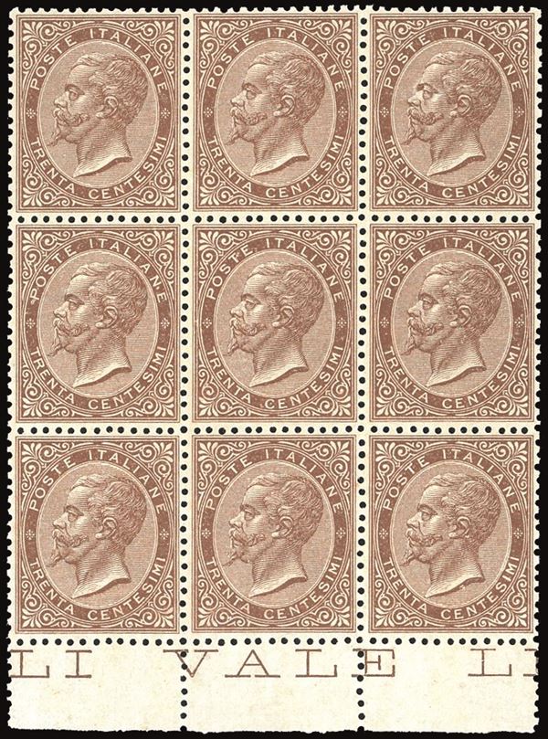 REGNO D'ITALIA 1866 - 30 cent. De La Rue, tiratura di Torino (T19) blocco di nove esemplari