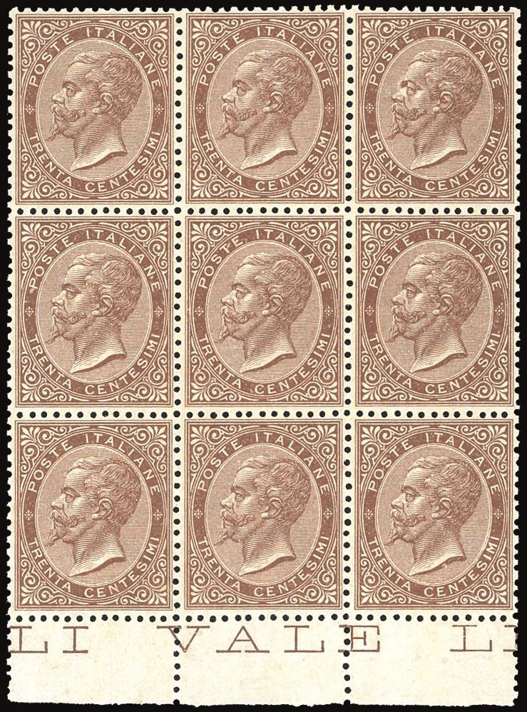 REGNO D'ITALIA 1866 - 30 cent. De La Rue, tiratura di Torino (T19) blocco di nove esemplari  - Asta Filatelia - Cambi Casa d'Aste