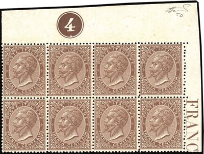 Regno D'italia 1866 - 30 Cent. De la Rue, Tiratura di Torino (t19), Blocco di Otto Esemplari
