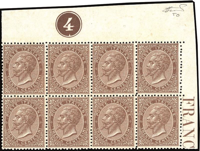 REGNO D'ITALIA 1866 - 30 cent. De La Rue, tiratura di Torino (T19), blocco di otto esemplari  - Auction Philately - Cambi Casa d'Aste