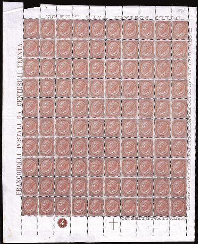 Regno D'italia 1866 - 30 Cent. De la Rue, Tiratura di Torino (t19), Foglio Completo di 100 Esempl...