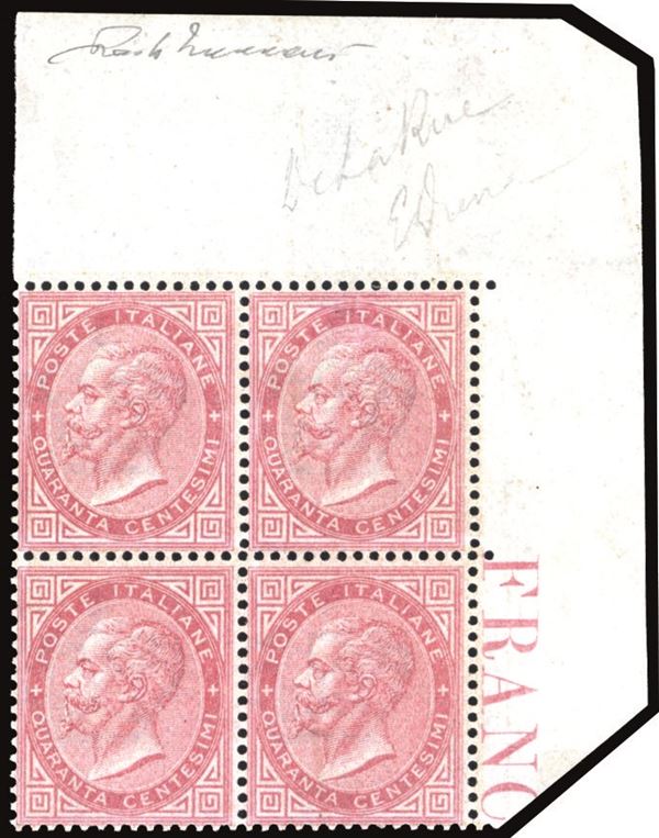 REGNO D'ITALIA 1863 - 40 cent. De La Rue, tiratura di Londra (L20) blocco di quattro