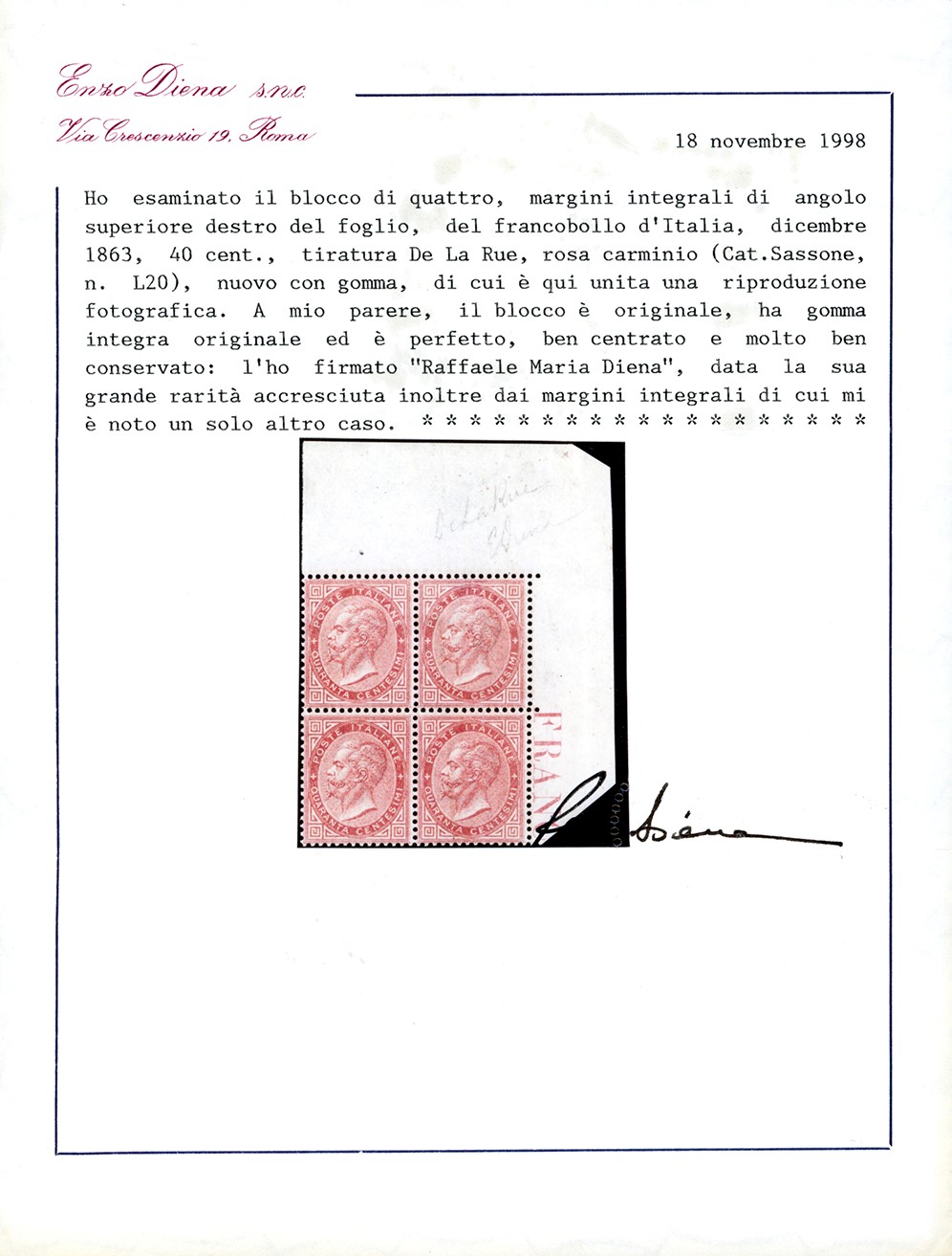 Regno D'italia 1863 - 40 Cent. De la Rue, Tiratura di Londra (l20) Blocco di Quattro