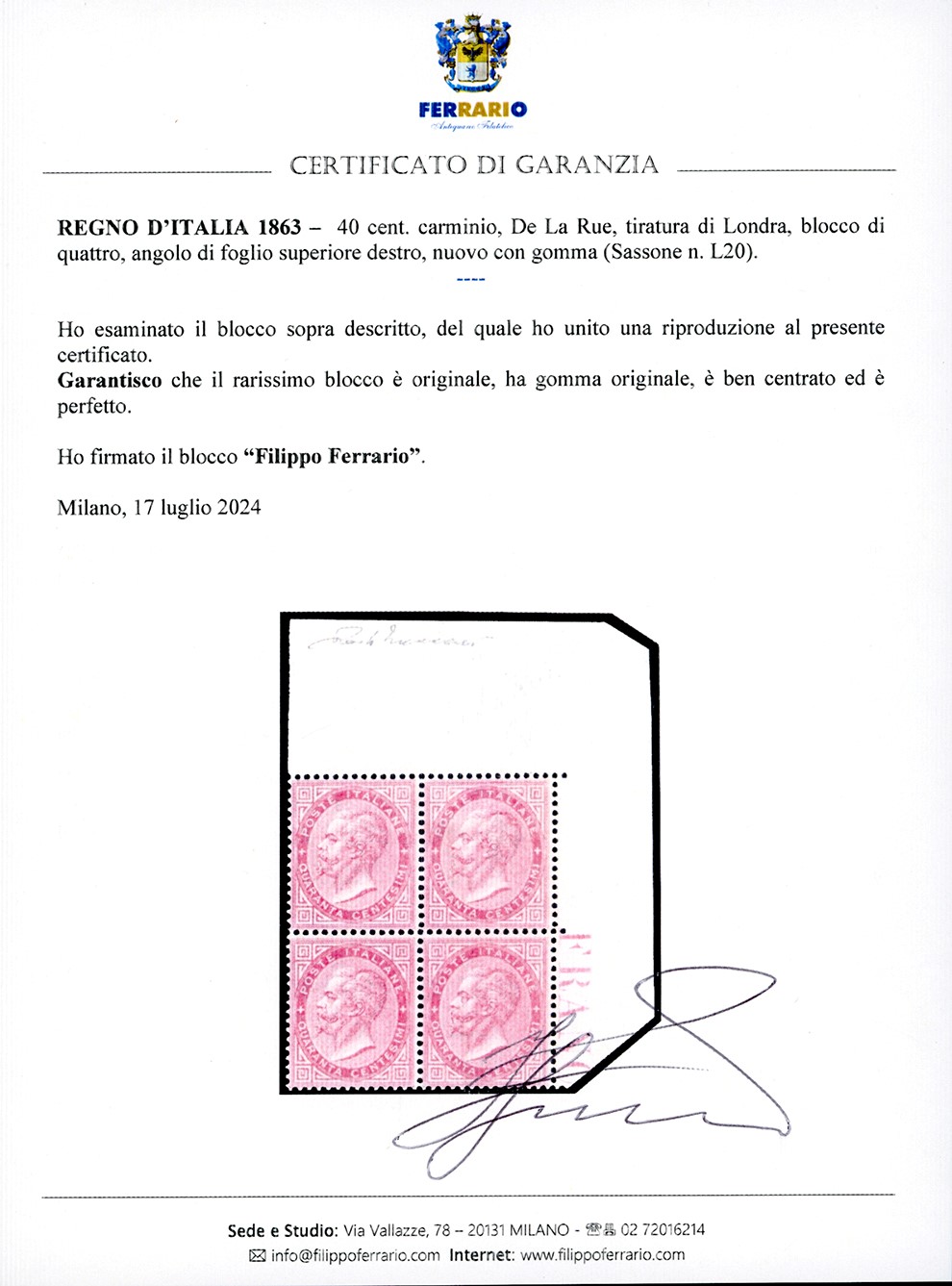 Regno D'italia 1863 - 40 Cent. De la Rue, Tiratura di Londra (l20) Blocco di Quattro