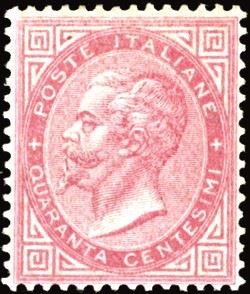 REGNO D'ITALIA 1863 - 40 cent. rosa carminio, De La Rue, tiratura di Londra (L20)
