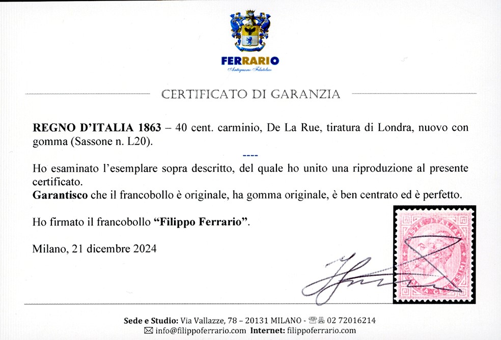 Regno D'italia 1863 - 40 Cent. Rosa Carminio, De la Rue, Tiratura di Londra (l20)