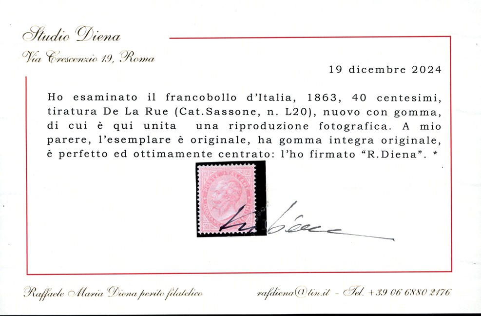 Regno D'italia 1863 - 40 Cent. Rosa Carminio, De la Rue, Tiratura di Londra (l20)