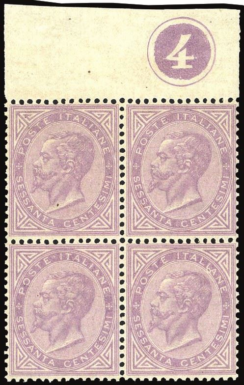 REGNO D'ITALIA 1866 - 60 cent. De La Rue, tiratura di Torino (T21), blocco di quattro