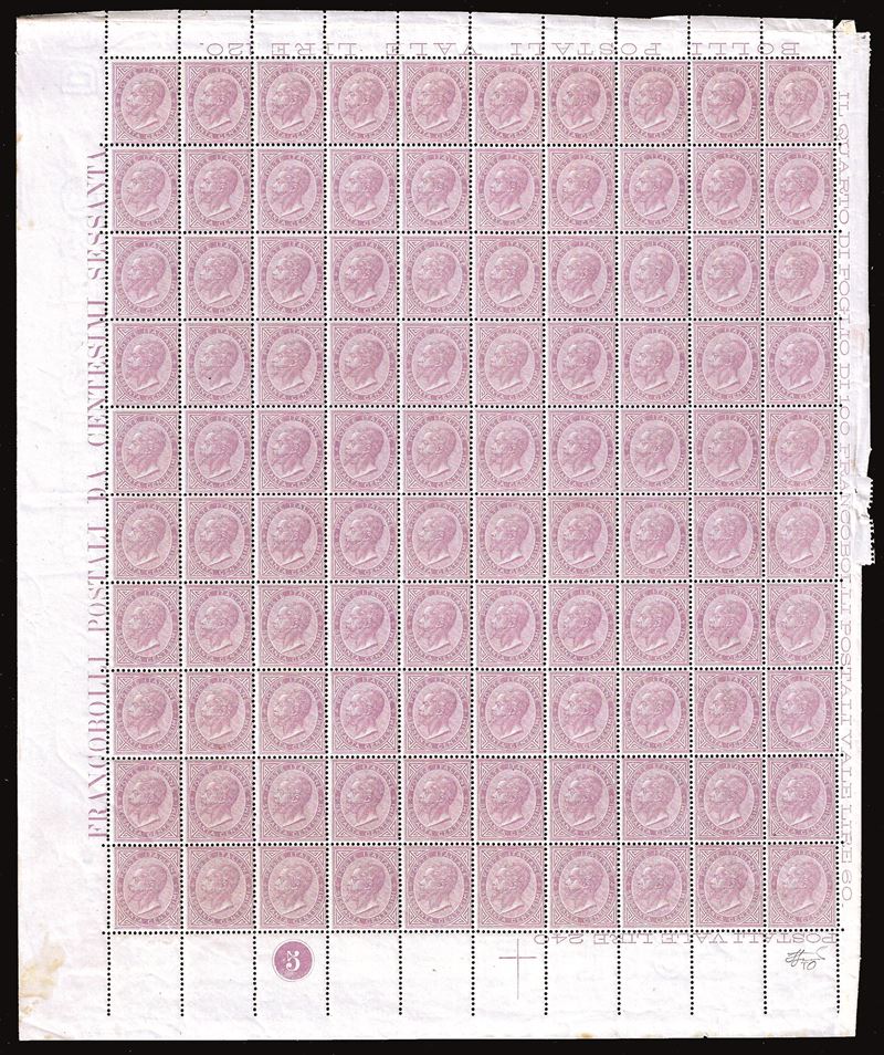 REGNO D'ITALIA 1866 - 60 cent. De La Rue, tiratura di Torino (T21), foglio completo di 100 esemplari  - Auction Philately - Cambi Casa d'Aste