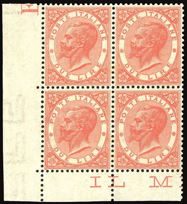 REGNO D'ITALIA 1866 - 2 lire De La Rue, tiratura di Torino (T22), blocco di quattro