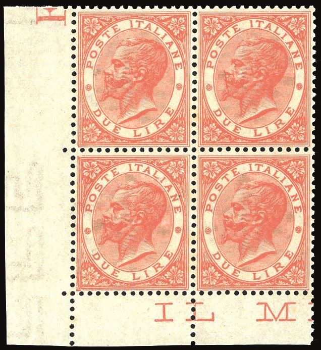 REGNO D'ITALIA 1866 - 2 lire De La Rue, tiratura di Torino (T22), blocco di quattro  - Auction Philately - Cambi Casa d'Aste