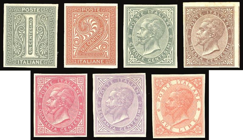 REGNO D'ITALIA 1863 - 1 cent. 2 cent., 5 cent., 30 cent., 40 cent., 60 cent. e 2 lire De La Rue, prove d'archivio non dentellate (P14,P15,P16,P19,P20,P21,P22)  - Auction Philately - Cambi Casa d'Aste