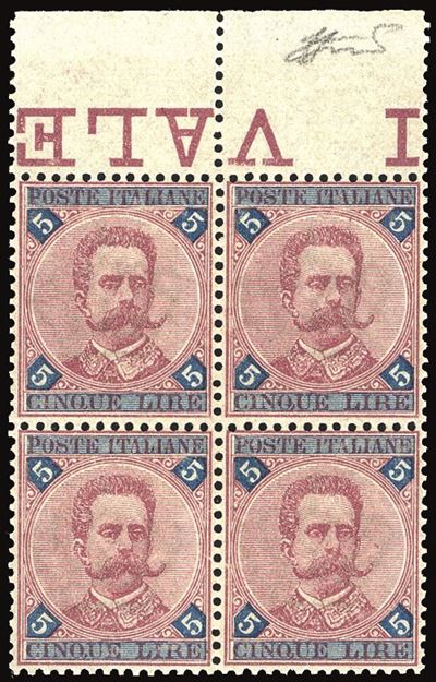Regno D'italia 1891 - 5 Lire Carminio e Azzurro Umberto i (64), Blocco di Quattro