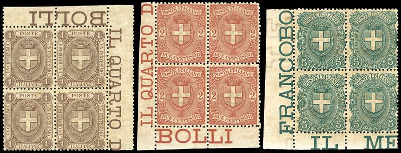 REGNO D'ITALIA 1896/97 - Stemma, serie completa (65/67), blocchi di quattro  - Asta Filatelia - Cambi Casa d'Aste