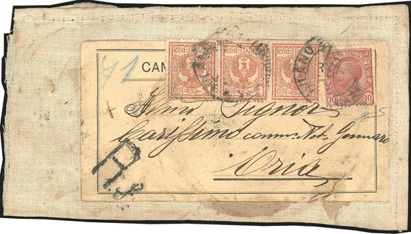 REGNO D'ITALIA 1910 - 2 cent. Floreale, striscia di 10 cent. Leoni (69/82)