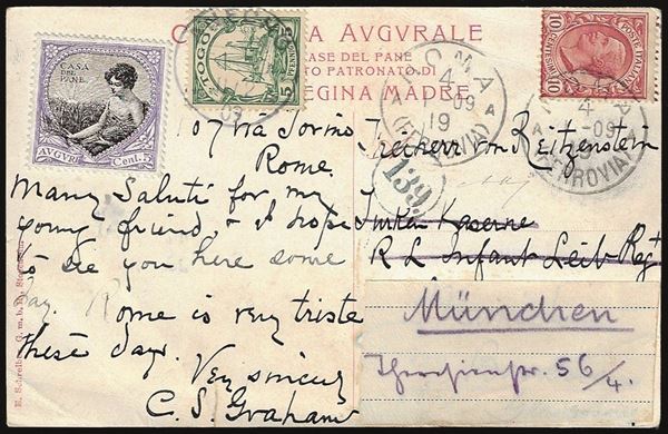 REGNO D'ITALIA 1909 - 10 cent. Leoni (82), su cartolina da Roma 1/9/1909 per il Togo