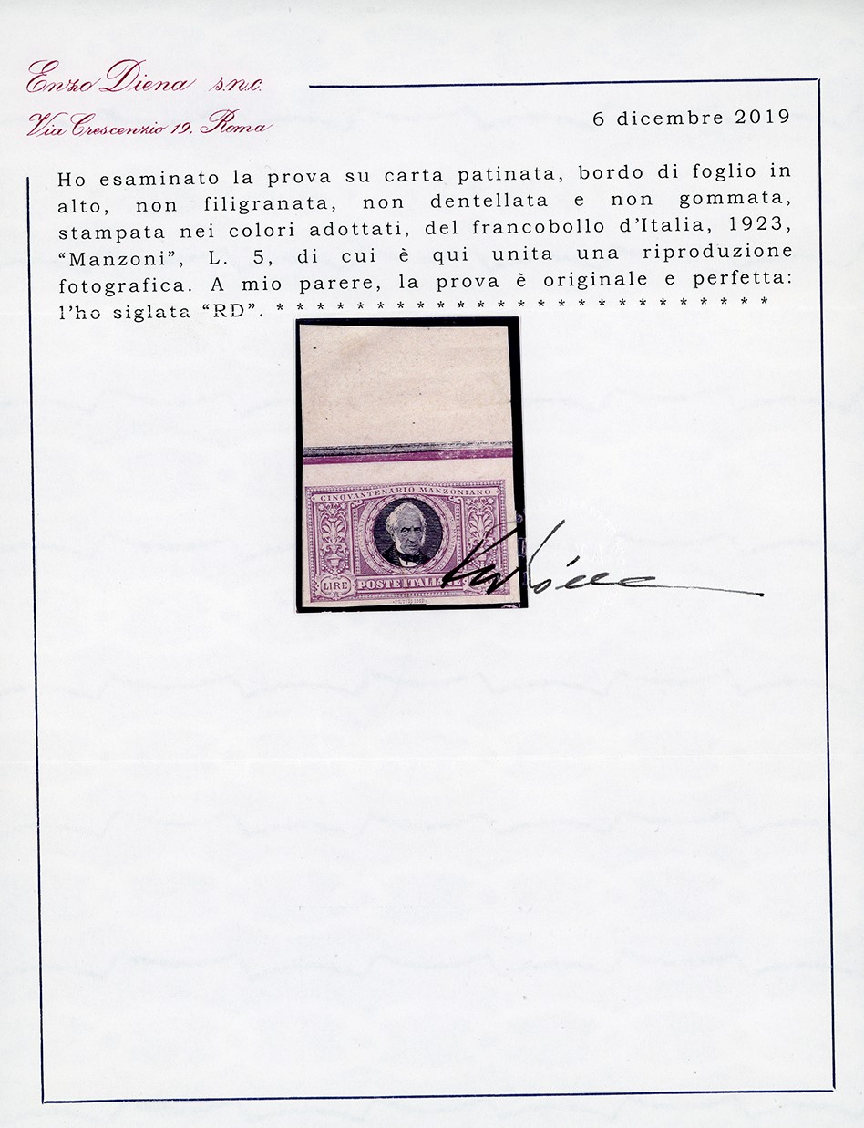 Regno D'italia 1923 - Manzoni, Serie Completa delle Prove di Macchina Non Dentellate nei Colori A...