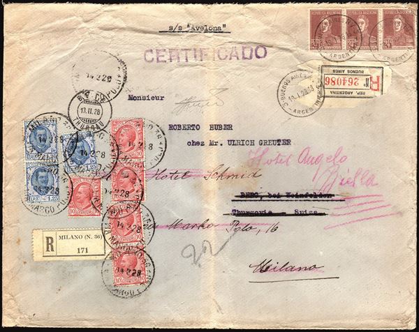 REGNO D'ITALIA 1928 - Busta raccomandata di medie dimensioni da Buenos Aires, affrancata con striscia di tre difettosa del 24 cent. per Berg (Svizzera)