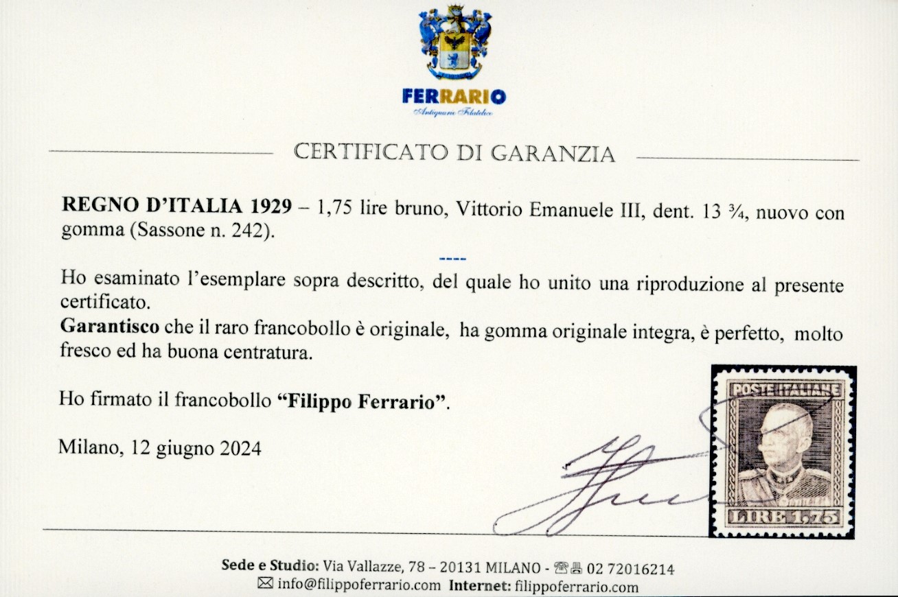Regno D'italia 1929 - 1,75 Lire Bruno Vittorio Emanuele III, Dent. 13 3/4 (242)