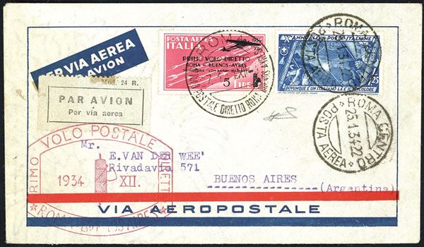REGNO D'ITALIA - POSTA AEREA 1934 - 5 lire su 2 lire Volo Roma-Buenos Aires, 1,25 lire Marcia su Roma (A58,336)