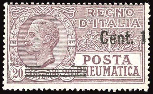 REGNO D'ITALIA - POSTA PNEUMATICA 1927 - 15 cent. su 20 cent., solo "Cent.1" e sbarrette in soprastampa (10ca)