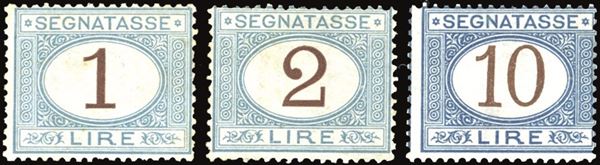 REGNO D'ITALIA - SEGNATASSE 1870/74 - 1 lira, 2 lire, e 10 lire azzurro cifre brune (11,12,14)