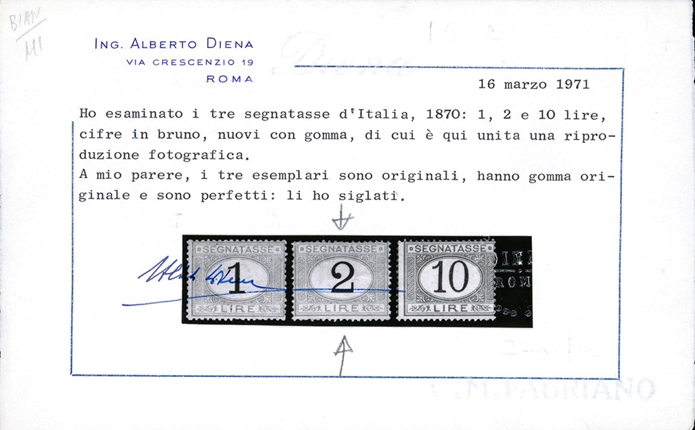 Regno D'italia - Segnatasse 1870/74 - 1 Lira, 2 Lire, e 10 Lire Azzurro Cifre Brune (11,12,14)