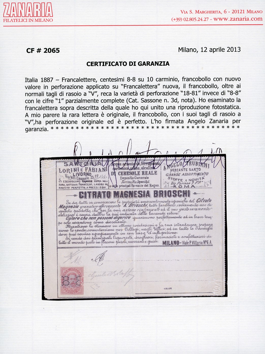 Regno D'italia - Francalettere 1887 - 8-8 su 10 Cent., Errore di Perforazione "18-81" con le Cifr...