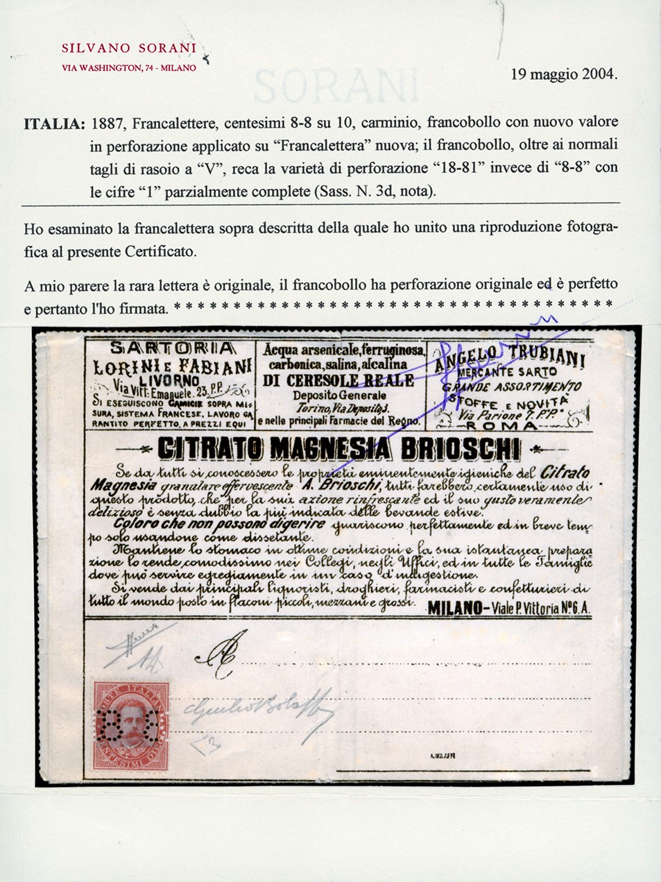 Regno D'italia - Francalettere 1887 - 8-8 su 10 Cent., Errore di Perforazione "18-81" con le Cifr...