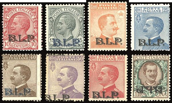 REGNO D'ITALIA BLP 1922/23 - Soprastampa BLP, II tipo, serie completa, l'1 lira con soprastampa capovolta (5/6,7A,8/11,12b)