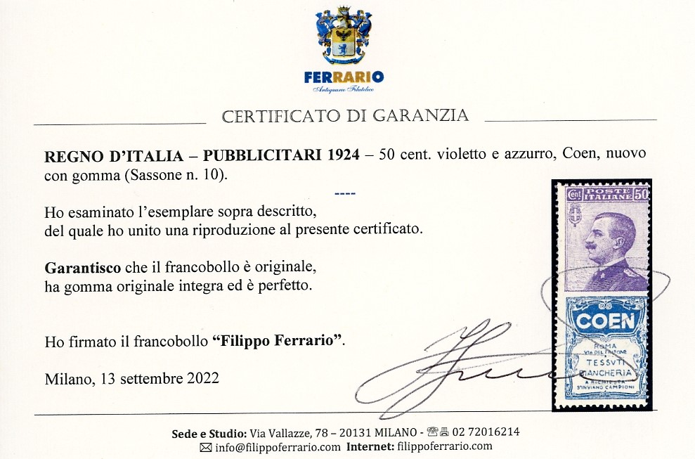 Regno D'italia Pubblicitari 1924 - 50 Cent. Coen (10)