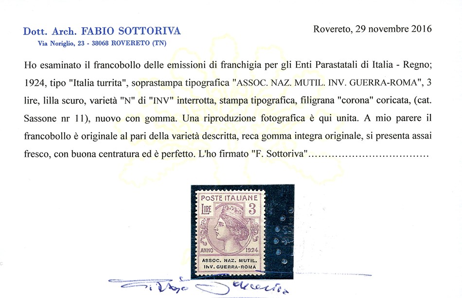 Regno D'italia - Enti Parastatali Assoc.naz.mutil.inv.guerra-roma 1924 - Serie Completa (5/12)