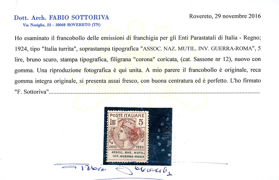 Regno D'italia - Enti Parastatali Assoc.naz.mutil.inv.guerra-roma 1924 - Serie Completa (5/12)