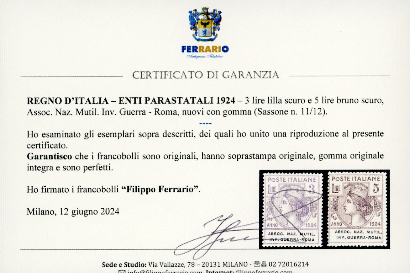 Regno D'italia - Enti Parastatali Assoc.naz.mutil.inv.guerra-roma 1924 - Serie Completa (5/12)