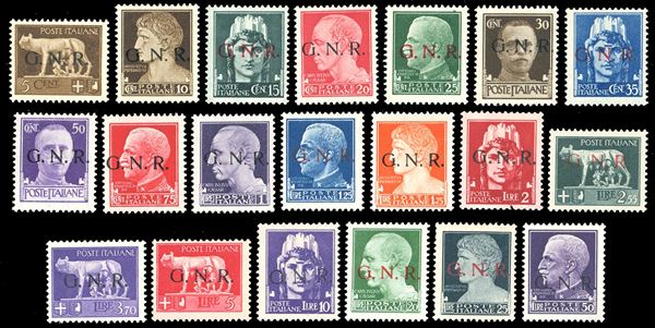 REPUBBLICA SOCIALE ITALIANA 1944 - Soprastampati G.N.R., tiratura di Verona, serie completa (470/489)