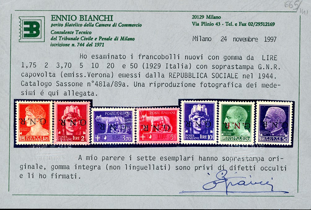 Repubblica Sociale Italiana 1944 - Soprastampati G.n.r. di Verona, i 18 Valori Noti con Soprastam...