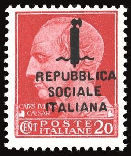 REPUBBLICA SOCIALE ITALIANA 1944 - 20 cent. carminio soprastampato (495/A)  - Auction Philately - Cambi Casa d'Aste