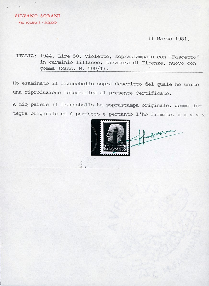 Repubblica Sociale Italiana 1944 - 50 Lire Soprastampa Fascio in Carminio Lillaceo, Tiratura di F...