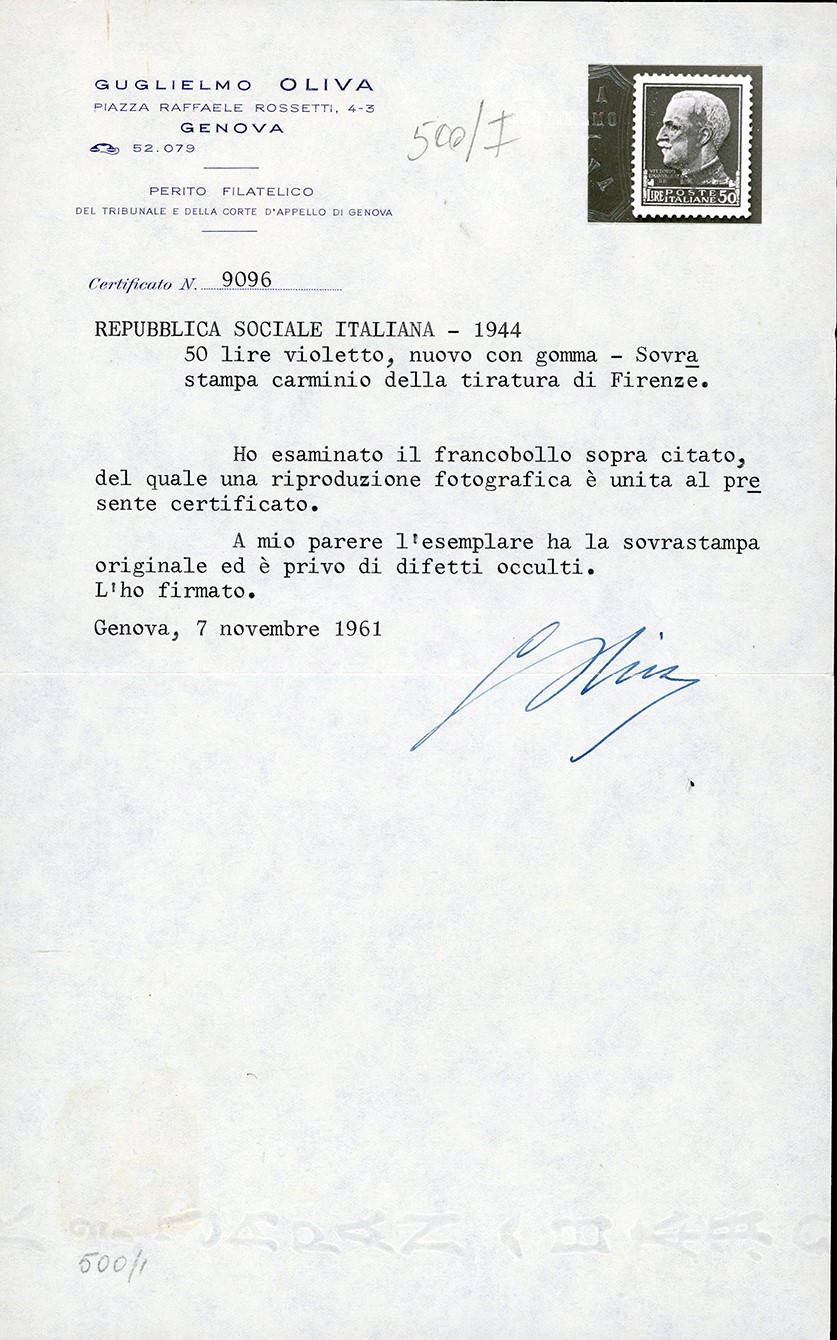 Repubblica Sociale Italiana 1944 - 50 Lire, Soprastampato Fascio in Carminio Lillaceo, Emissione ...