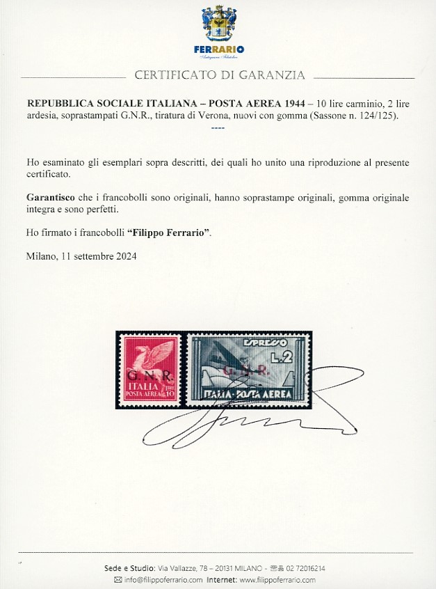 Rep. Sociale Italiana - Posta Aerea 1944 - Soprastampati G.n.r. di Verona, Serie Completa (117/12...