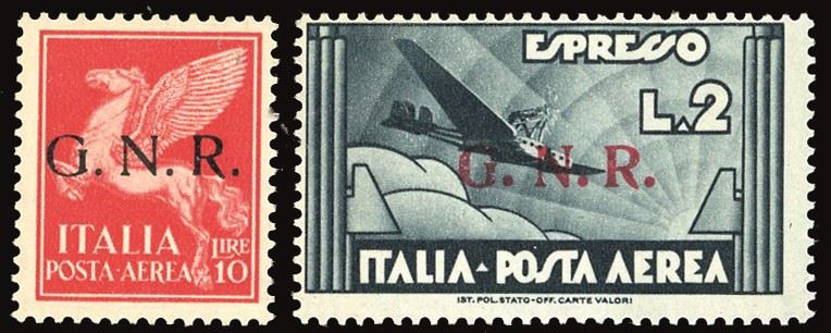 REP. SOCIALE ITALIANA - POSTA AEREA 1944 - Soprastampati G.N.R., tiratura di Verona, serie completa (117/125)  - Asta Filatelia - Cambi Casa d'Aste