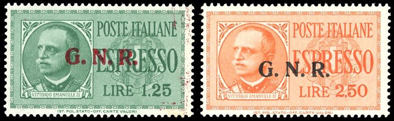 REP. SOCIALE ITALIANA - ESPRESSI 1944 - Soprastampati G.N.R. di Verona, serie completa (19/20)  - Asta Filatelia - Cambi Casa d'Aste