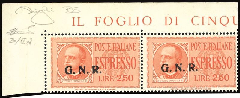REP. SOCIALE ITALIANA - ESPRESSI 1943 - 2,50 lire, soprastampa G.N.R. di Brescia, II tipo, coppia orizzontale con soprastampa obliqua (20/Iid)  - Auction Philately - Cambi Casa d'Aste
