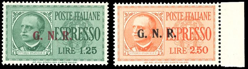 REP. SOCIALE ITALIANA - ESPRESSI 1943 - Soprastampati G.N.R. di Brescia, III tipo, serie completa (19/III-20/III)  - Asta Filatelia - Cambi Casa d'Aste