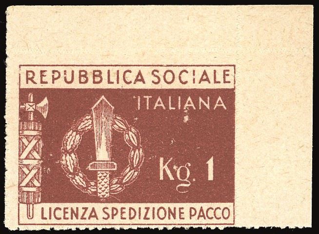 REP. SOCIALE ITALIANA - FRANCHIGIA MILITARE 1944 - Marca da 1 kg. bruno rosso (1), angolo di foglio  - Asta Filatelia - Cambi Casa d'Aste
