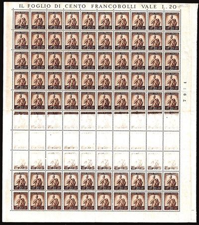 Repubblica Italiana 1945 - 20 Cent. Democratica, Foglio Completo di 100 Esemplari, Composto da 10...
