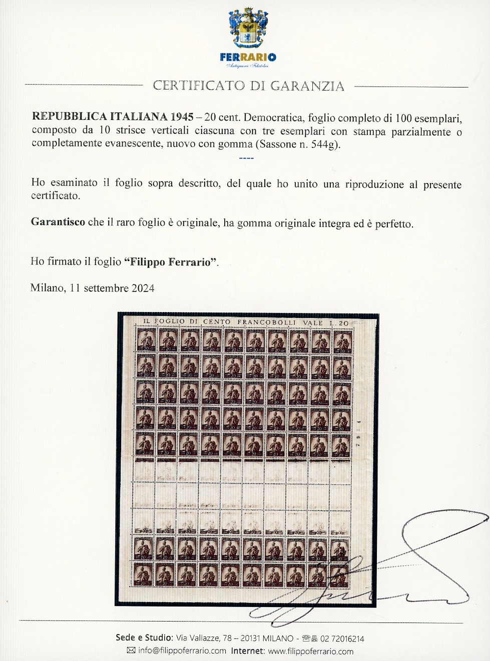 Repubblica Italiana 1945 - 20 Cent. Democratica, Foglio Completo di 100 Esemplari, Composto da 10...