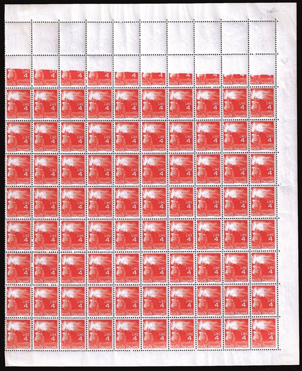 REPUBBLICA ITALIANA 1945 - 4 lire Democratica, foglio completo di 100 esemplari, stampa totalmente mancante sui 10 francobolli  della prima riga e incompleta su tutti quelli della seconda riga (554 varietà non catalogata per questo valore, 554g nota)