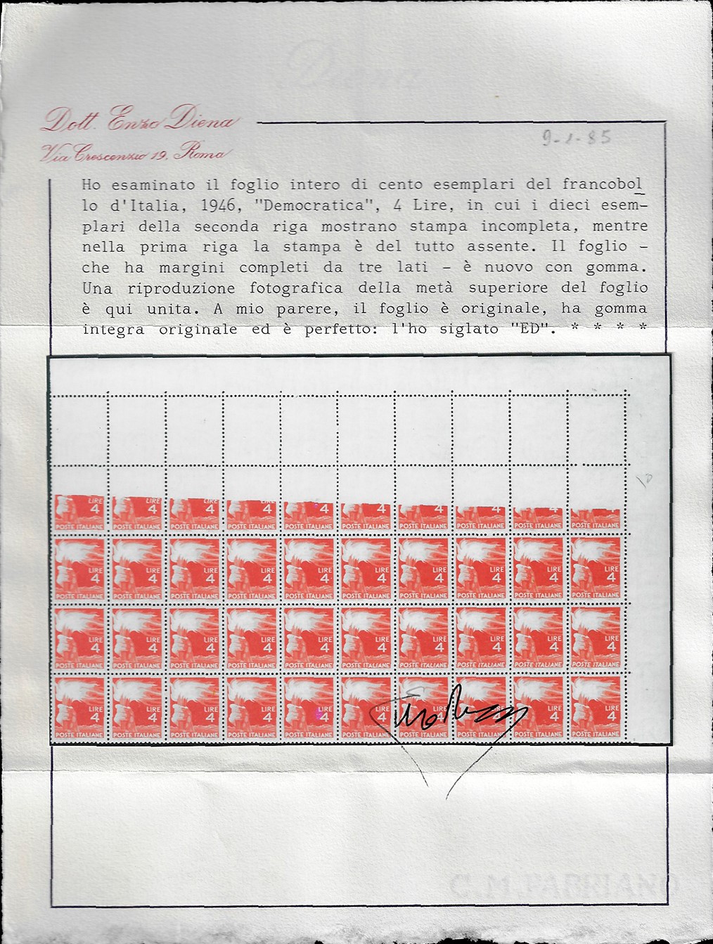 Repubblica Italiana 1945 - 4 Lire Democratica, Foglio Completo di 100 Esemplari, Stampa Totalment...